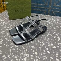 Gucci Women GG Slim Horsebit Flat Sandal Silver Leather Ankle Buckle (10)