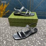 Gucci Women GG Slim Horsebit Flat Sandal Silver Leather Ankle Buckle - Image 2