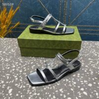 Gucci Women GG Slim Horsebit Flat Sandal Silver Leather Ankle Buckle (10)