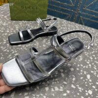 Gucci Women GG Slim Horsebit Flat Sandal Silver Leather Ankle Buckle (10)