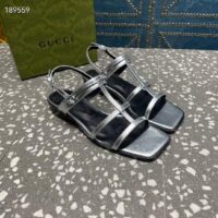 Gucci Women GG Slim Horsebit Flat Sandal Silver Leather Ankle Buckle (10)