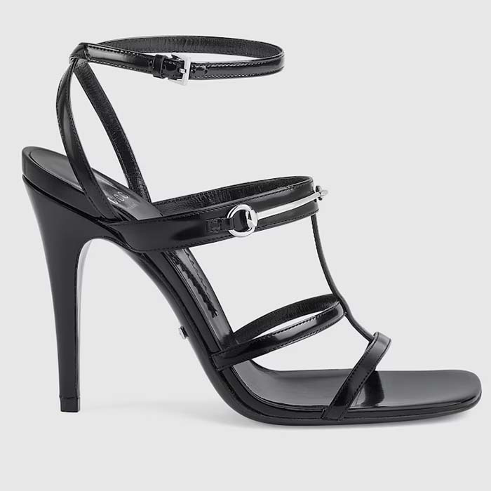 Gucci Women GG Slim Horsebit Sandal Black Leather High Heel