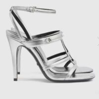 Gucci Women GG Slim Horsebit Sandal Silver Leather High Heel (6)