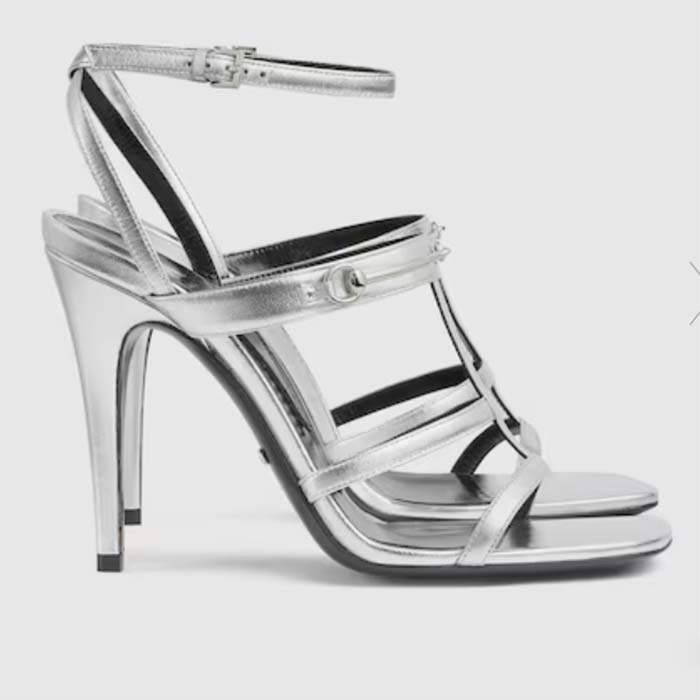 Gucci Women GG Slim Horsebit Sandal Silver Leather High Heel