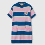 Gucci Women GG Striped Cotton Wool Dress Patch Round Neck