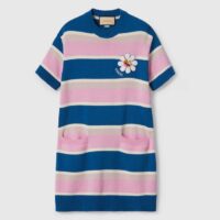 Gucci Women GG Striped Cotton Wool Dress Patch Round Neck (3)