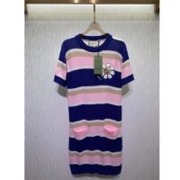 Gucci Women GG Striped Cotton Wool Dress Patch Round Neck (3)