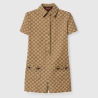 Gucci Women Original GG Canvas Jumpsuit Point Neck Short Sleeves