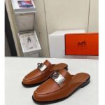 Hermes Unisex Iota Mule Gold Brown Leather Oversized Kelly Buckle - Image 4