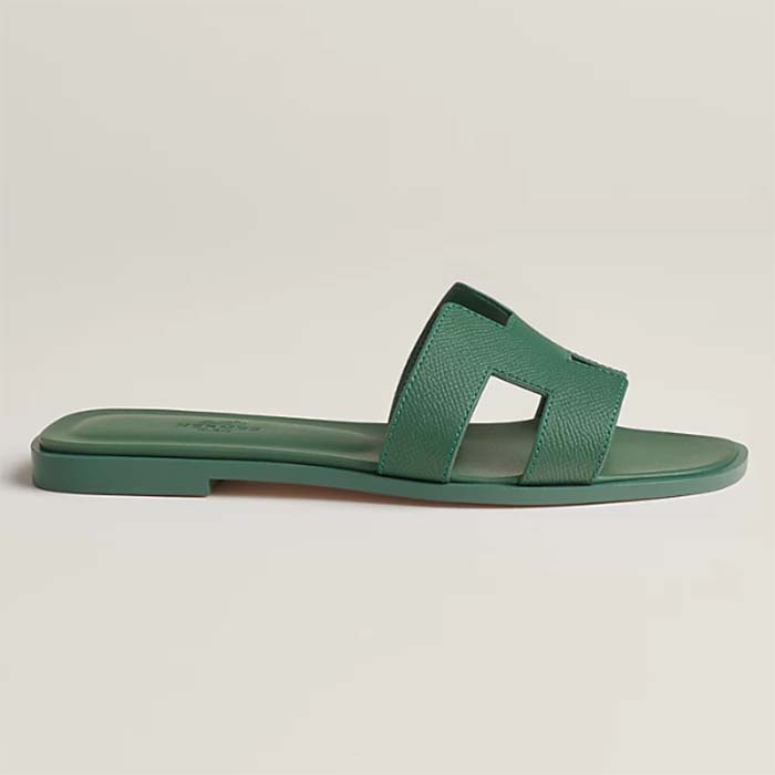 Hermes Unisex Oran Sandal Green Epsom Calfskin Natural Leather Sole