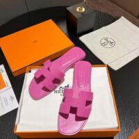 Hermes Unisex Oran Sandal Rose Pink Epsom Calfskin Natural Leather Sole (2)