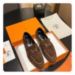 Hermes Unisex Paris Loafer Suede Goatskin Brown Leather Rubber Sole - Imagen 4