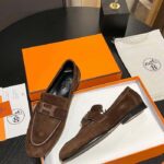 Hermes Unisex Paris Loafer Suede Goatskin Brown Leather Rubber Sole - Imagen 8