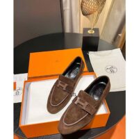 Hermes Unisex Paris Loafer Suede Goatskin Brown Leather Rubber Sole (1)