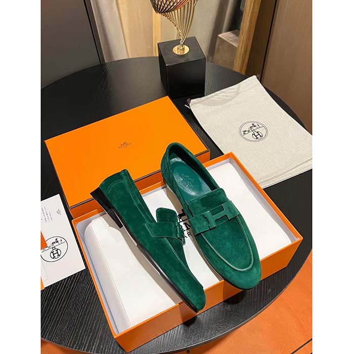 Hermes Unisex Paris Loafer Suede Goatskin Green Leather Rubber Sole