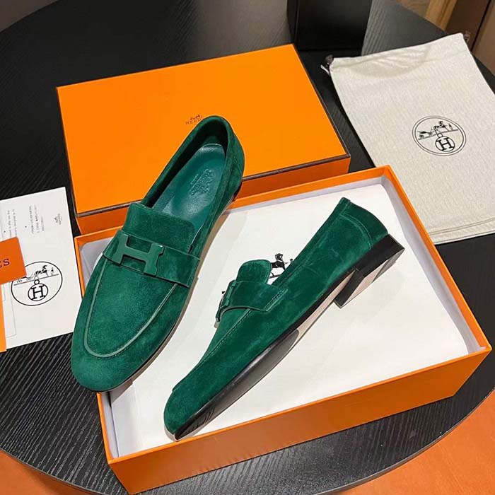 Hermes Unisex Paris Loafer Suede Goatskin Green Leather Rubber Sole