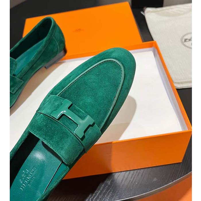 Hermes Unisex Paris Loafer Suede Goatskin Green Leather Rubber Sole
