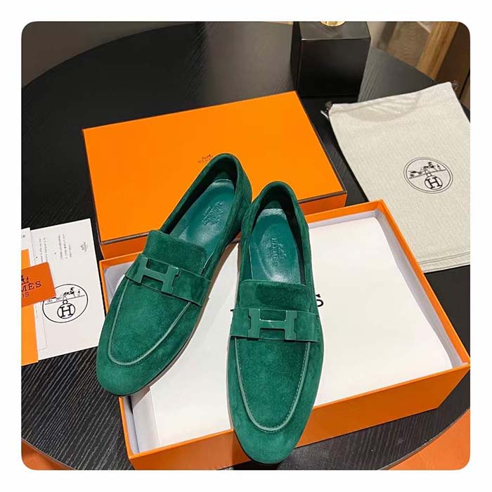 Hermes Unisex Paris Loafer Suede Goatskin Green Leather Rubber Sole