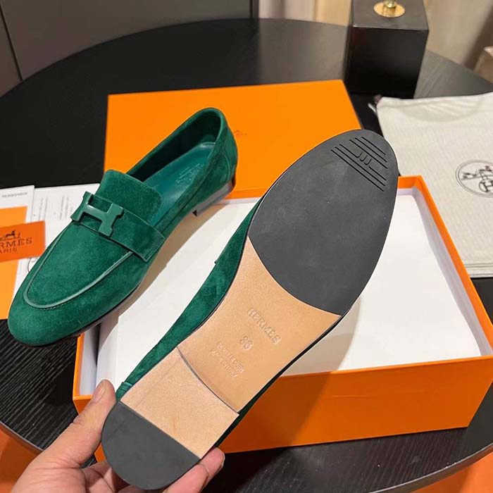 Hermes Unisex Paris Loafer Suede Goatskin Green Leather Rubber Sole