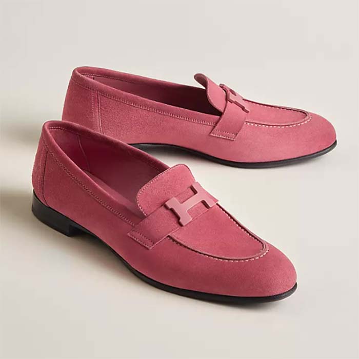 Hermes Unisex Paris Loafer Suede Goatskin Rose Pink Leather Rubber Sole