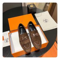 Hermes Unisex Royal Loafer Suede Goatskin Brown Leather Rubber Sole (5)