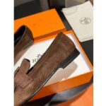 Hermes Unisex Royal Loafer Suede Goatskin Brown Leather Rubber Sole - immagine 9