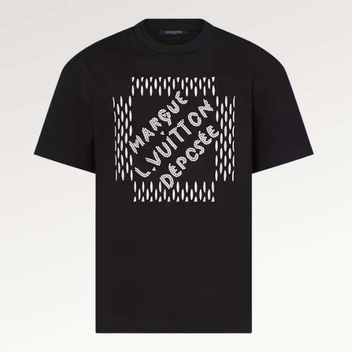 Louis Vuitton LV Men Embroidered Signature Cotton T-Shirt Ribbed Collar Black 1AFJFH