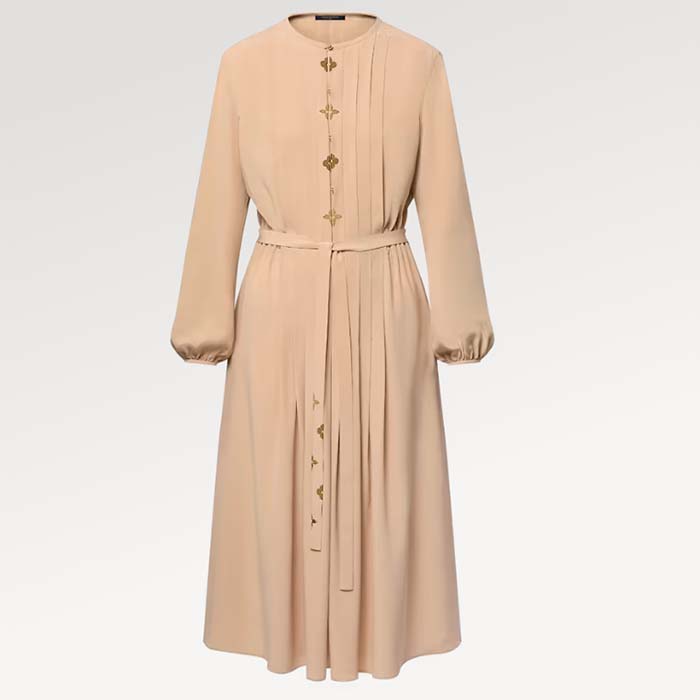 Louis Vuitton LV Women Monogram Accent Pleat Dress Silk Beige 1AFEVC