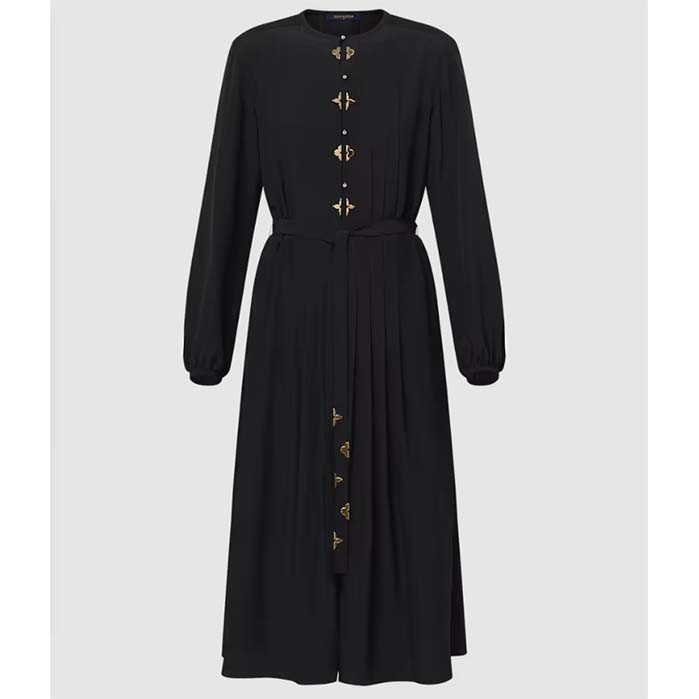 Louis Vuitton LV Women Monogram Accent Pleat Dress Silk Black 1AFDDG