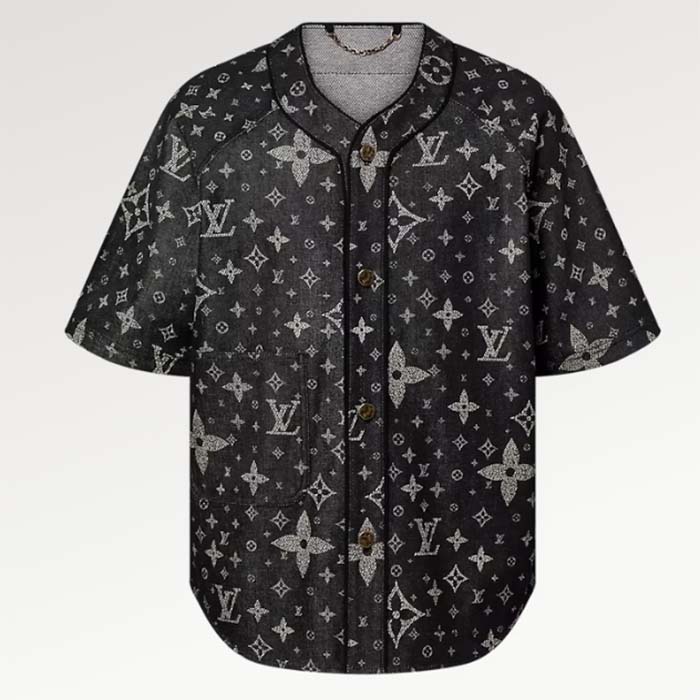 Louis Vuitton Men LV Monogram Denim Baseball Shirt Black Loose Fit 1AF348