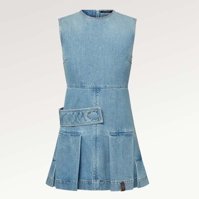 Louis Vuitton Women LV Denim Button Tab Pleat Dress Cotton Blue 1AFLXY