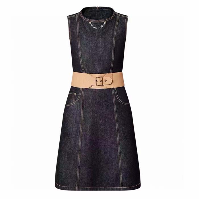 Louis Vuitton Women LV Eyelet Belt Denim Dress Dark Blue 1AFGA5