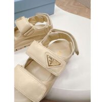 Prada Women Patent Leather Sandals Beige Metal Lettering Logo Lug Tread (9)