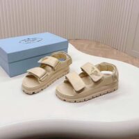 Prada Women Patent Leather Sandals Beige Metal Lettering Logo Lug Tread (9)