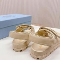 Prada Women Patent Leather Sandals Beige Metal Lettering Logo Lug Tread (9)