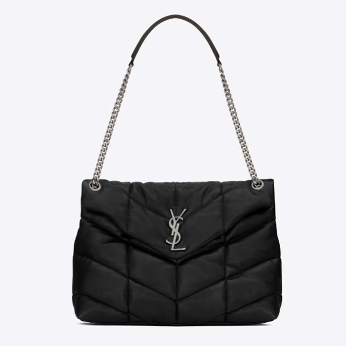 Saint Laurent YSL Women Puffer Medium Nappa Leather Black Lambskin Silver Metal