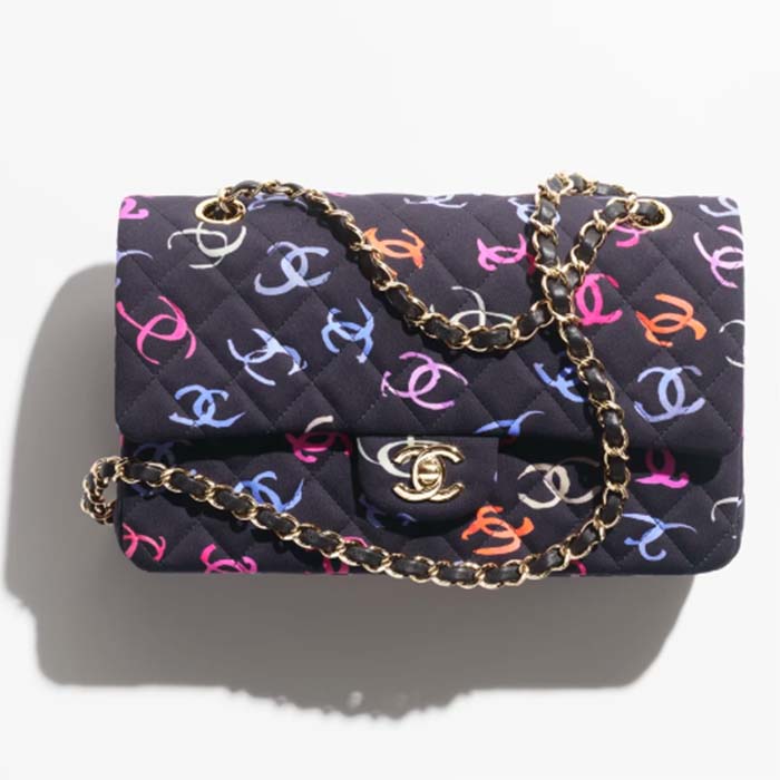 Chanel CC Women Classic 11.12 Handbag Printed Fabric Black Multicolor