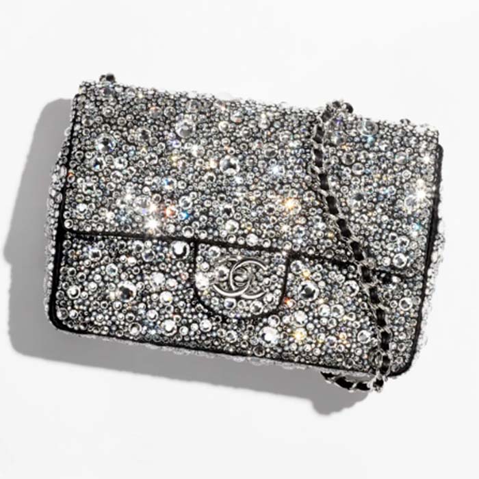 Chanel CC Women Mini Flap Bag Satin Strass Silver-Tone Metal Silver