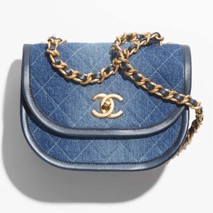 Chanel CC Women Small Messenger Bag Washed Denim Gold-Tone Metal Blue