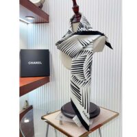 Chanel CC Women Square Scarf Silk Twill White Black (6)