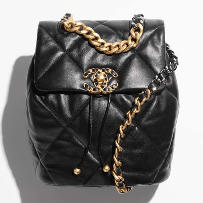 Chanel Women CC 19 Backpack Shiny Lambskin Gold Silver-Tone Black
