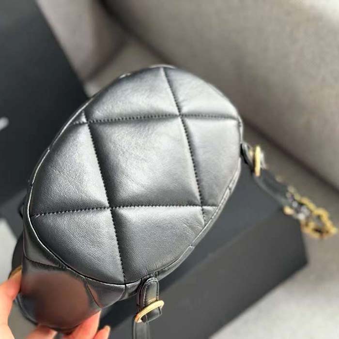 Chanel Women CC 19 Backpack Shiny Lambskin Gold Silver-Tone Black