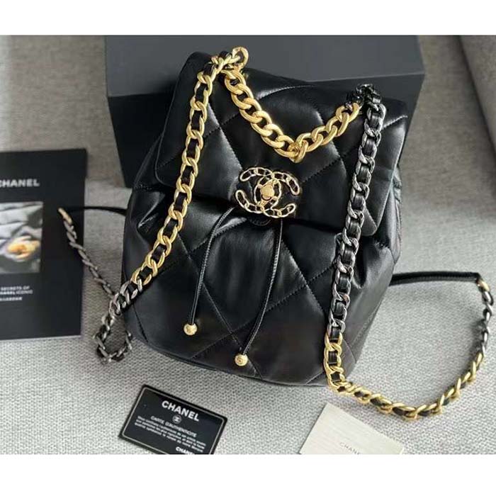 Chanel Women CC 19 Backpack Shiny Lambskin Gold Silver-Tone Black