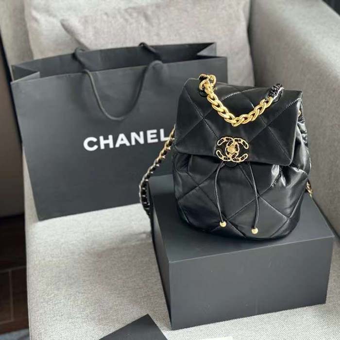 Chanel Women CC 19 Backpack Shiny Lambskin Gold Silver-Tone Black