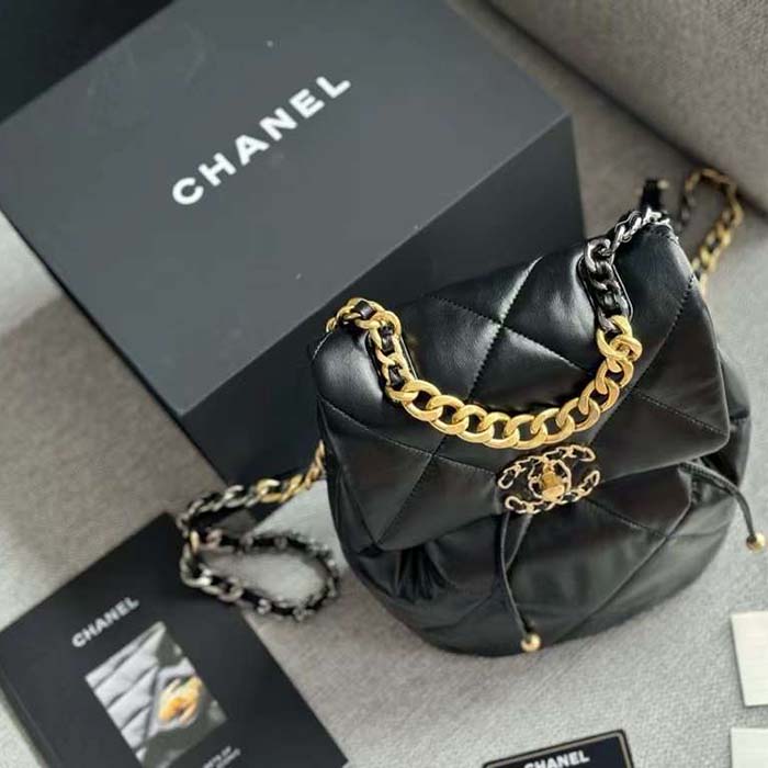 Chanel Women CC 19 Backpack Shiny Lambskin Gold Silver-Tone Black