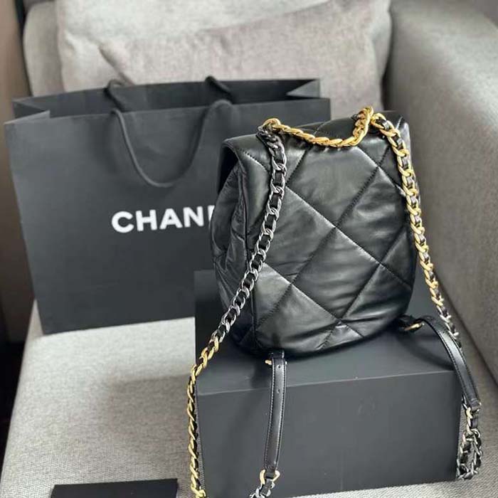 Chanel Women CC 19 Backpack Shiny Lambskin Gold Silver-Tone Black