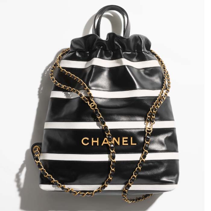 Chanel Women CC 22 Backpack Shiny Calfskin Gold-Tone Metal Black White