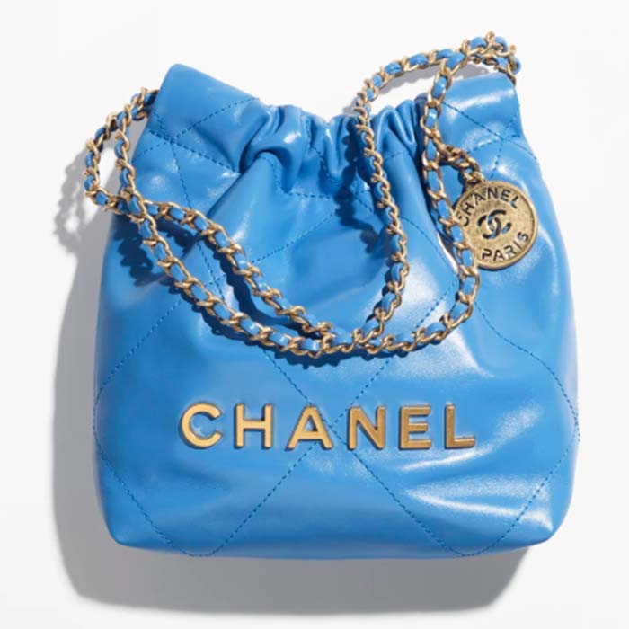 Chanel Women CC 22 Mini Handbag Shiny Calfskin Gold-Tone Metal Blue