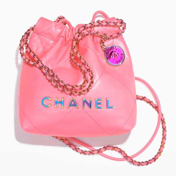 Chanel Women CC 22 Mini Handbag Shiny Calfskin Gold-Tone Metal Coral Pink