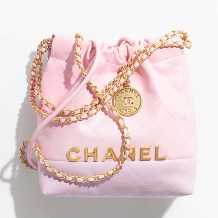 Chanel Women CC 22 Mini Handbag Shiny Calfskin Patchwork Light Pink Purple